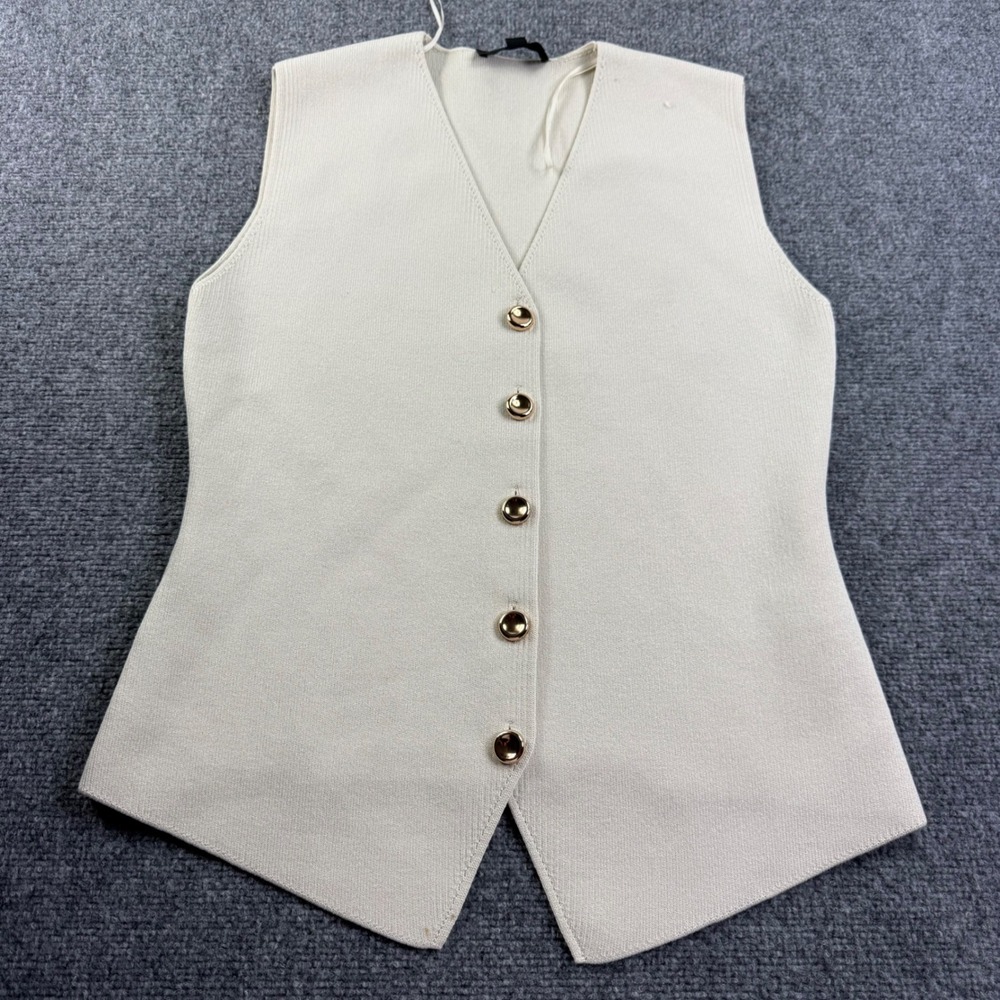 Zara Knit Vest XL Cream Gold Button V-Neck Sleeveless Waistcoat Women